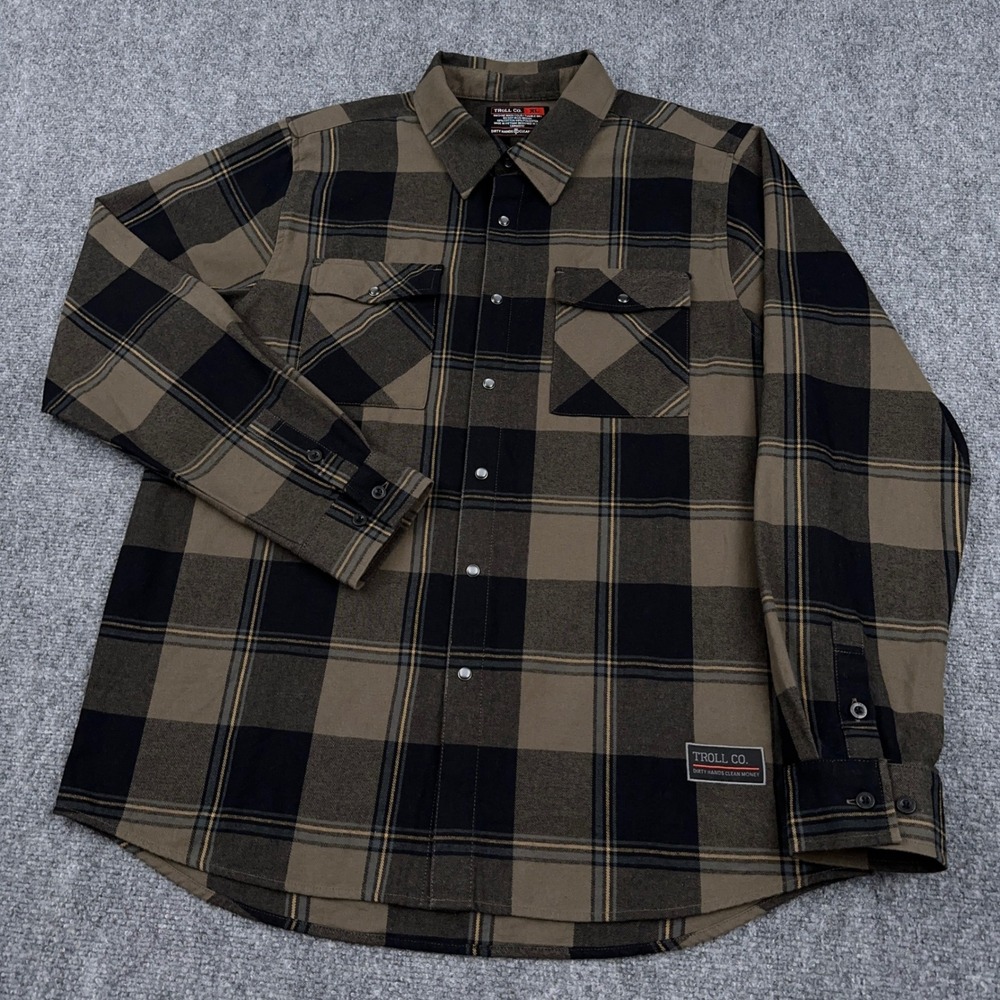 Troll Co.‎ Gridlock Flannel Men's XL Brown Plaid Workwear Pearl Snap Button